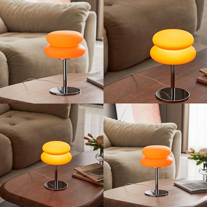Orange Mushroom Lamp, Mid Century Modern Lamp for Nightstand, Dimmable Retro Egg Tart Bedside Lamps, Home Decor Ambient Lighting Aesthetic Cute Lamps for Bedroom Living Room (NOT Glass)