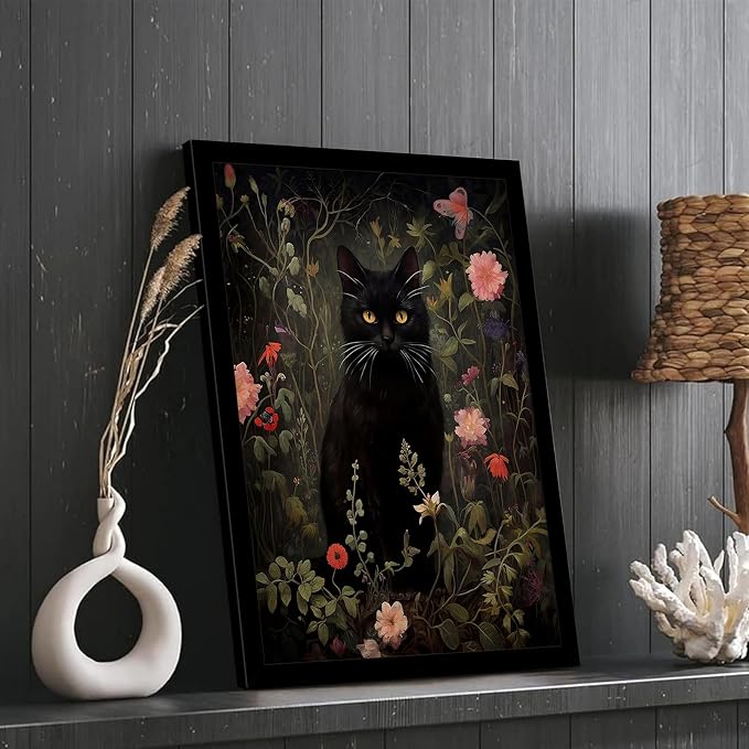 Black Cat Wall Art with Wooden Frame – Vintage Floral Cat Painting, Gothic Dark Academia Framed Picture, Antique Moody Cottagecore Wall Decor Print 12×16 Inch