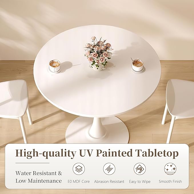 24 Inch Round Dining Table,Mid-Century Tulip Table with Metal Pedestal Base,Modern Leisure Table for Small Space Kitchen Dining Room,Easy Assembly,White
