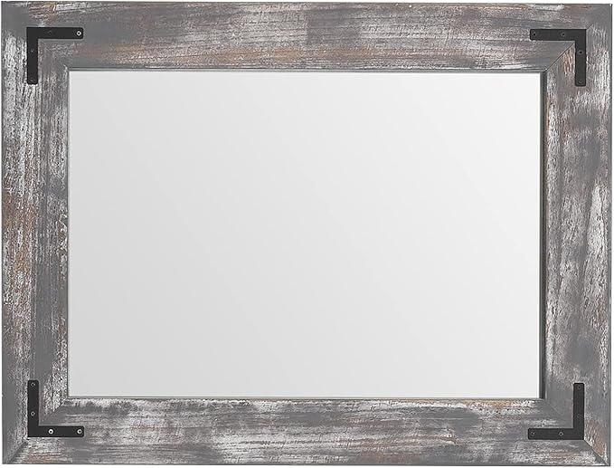 YOSHOOT Rustic Wooden Framed Wall Mirror, 40"x26", Natural Wood Bathroom Vanity Mirror for Farmhouse Decor, Vertical or Horizontal Hanging
