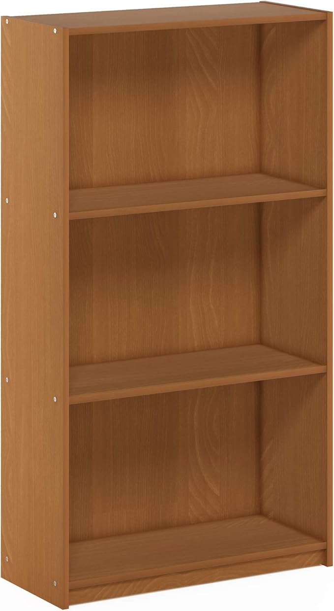 Furinno BASIC Book Shelf, 3-Tier Modern Bookshelf, Bookcase with Open Shelves, 9.3" x 21.8" x 39.5", for Living Room, Bedroom, Home Office, Light Cherry
