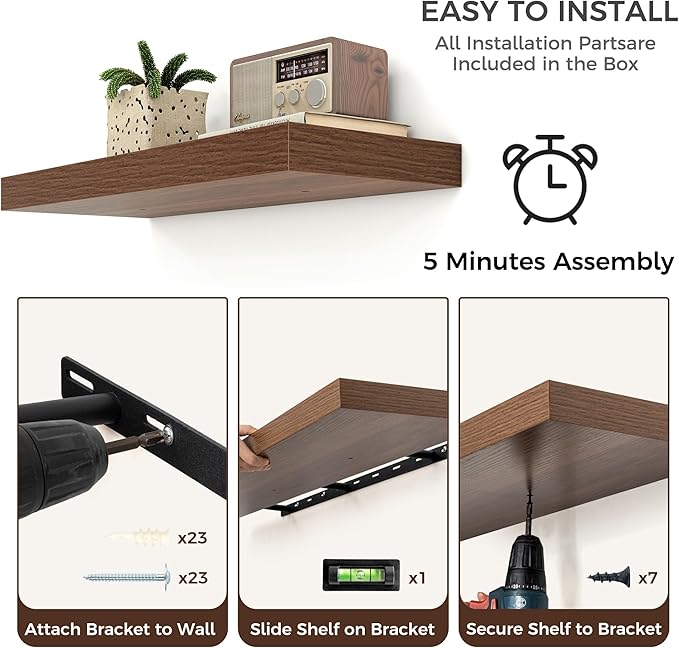 Floating Shelves for Wall, Engineered Wood Wall Shelves with Invisible Brackets for Living Room Bedroom Bathroom Office Kitchen Decor and Storage (Walnut, 48" W x 9" D x 1.5" H) Set of 2