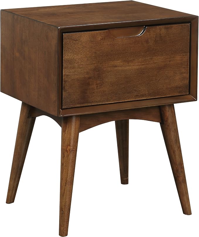 OSP Home Furnishings Copenhagen Mid-Century Modern Accent Table, Large Storage Drawer, Tapered Legs, Walnut Finish