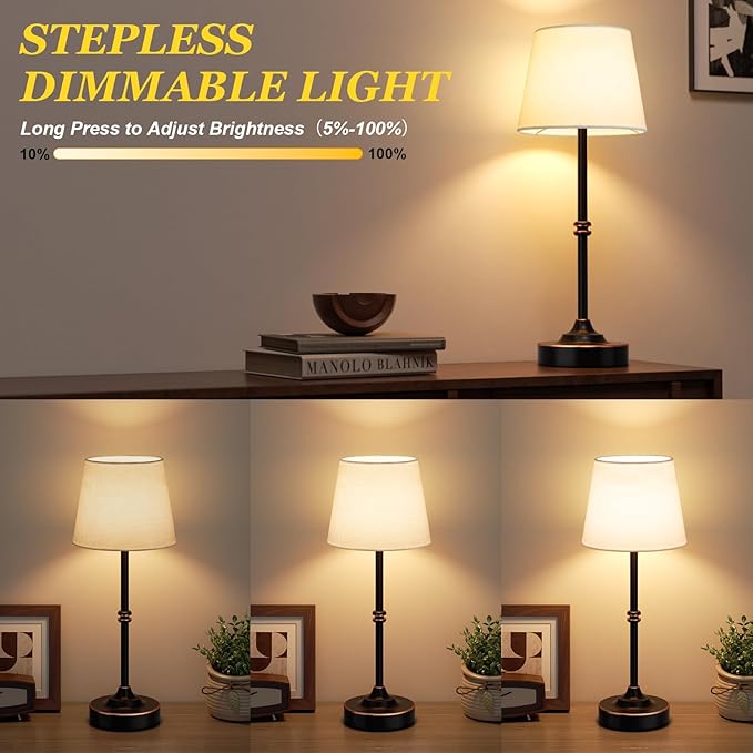 Kakanuo Rechargeable Cordless Table Lamp Antique Black - 2 Pack 4000mAh Battery Operated Lamp, 3000K Warm Light, Touch Control Stepless Dimming, for Bedside, Dining Table, Home Decor