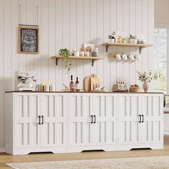 Sideboard Buffet Cabinet, Modern Farmhouse Kitchen Storage Cabinet, 94.5" Modular Accent Cabinet Coffee Station Bar Media Console Table Credenza for Kitchen Dining Room, Living Room Entryway Hallway