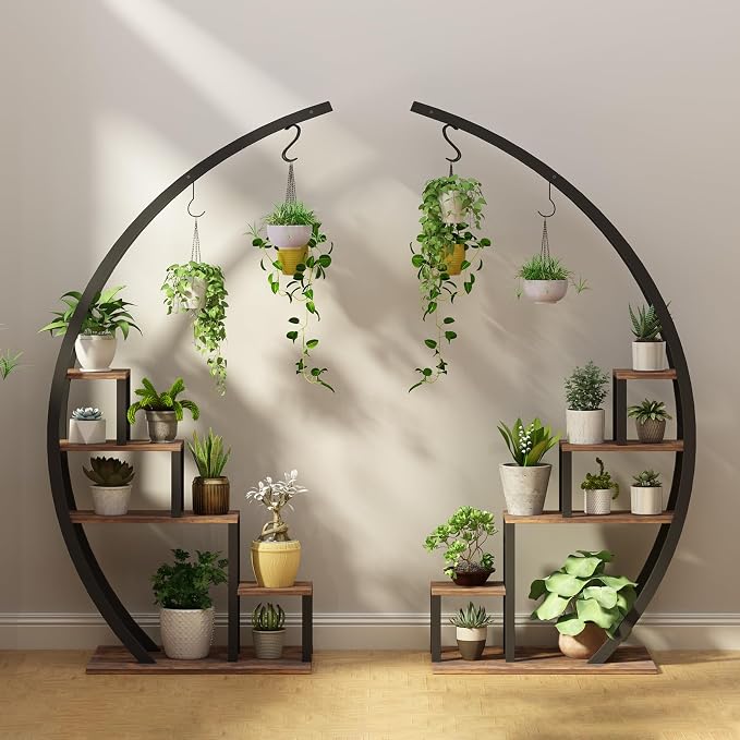 GarveeLife Plant Stand Indoor 5 Tier Tall, Metal Half Moon Plant Shelf 2 Pack, Stylish Tiered Flower Rack for Multiple Plants Display, Tall and Space-Saving Design