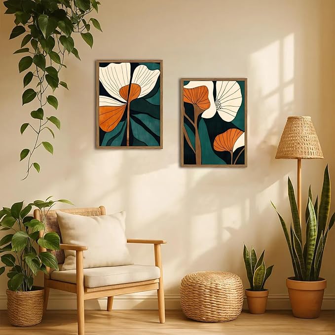 Mid Century Modern Flower Wall Art Vintage Abstract Botanical Wall Decor Painting Set of 2 Mid Century Boho Dark Floral Poster Canvas Print Pictures for Living Room Bedroom 12x16 inch Wood Framed