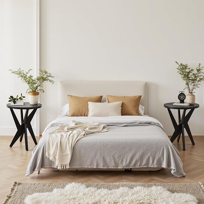 Modern Black Round End Table, Mid-Century Accent Side Table with MDF Top and Crossed Legs for Living Room, Bedroom, Small Spaces, Industrial & Minimalist Style