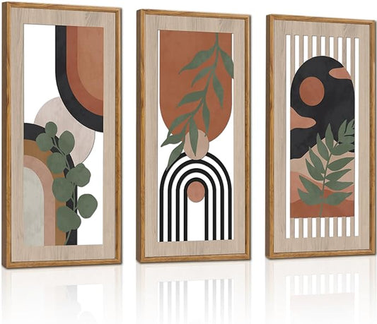 HPNIUB 3 PCS Boho Wall Decor, Minimalist Mid Century Sun Geometric Line Hanging Wood Sign for Living Room, 8x16Inch Modern Botanical Leaf Wooden Plaque for Apartment Bedroom Office Decoration