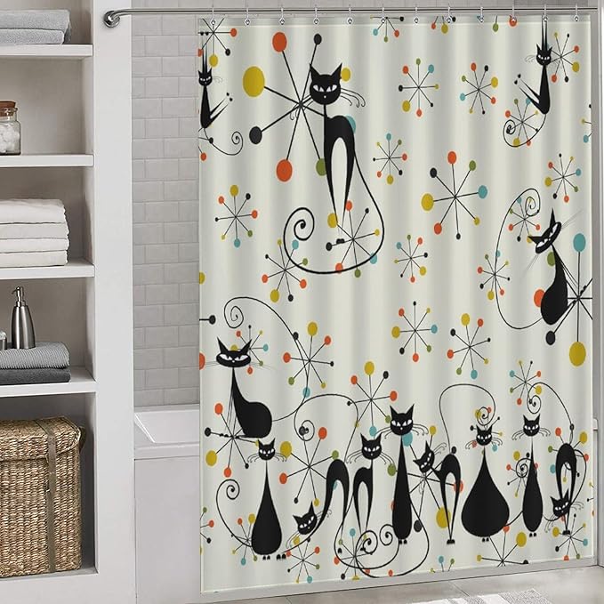 Mid Century Atomic Cat Shower Curtains, Atomic Abstract Geometric Cat Retro Pattern Waterproof Shower Curtains for Bathroom Decor 12 Pack Hooks 66x72in（168x183cm）