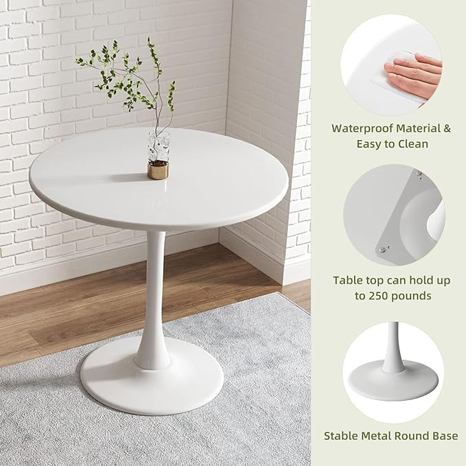 Round Dining Table 24" Circle Tulip Table with Wood Thickened Tabletop & Sturdy Metal Pedestal Mid Century Modern Leisure Bistro Kitchen Tables 2 People Small Places Living Room Cafe,White