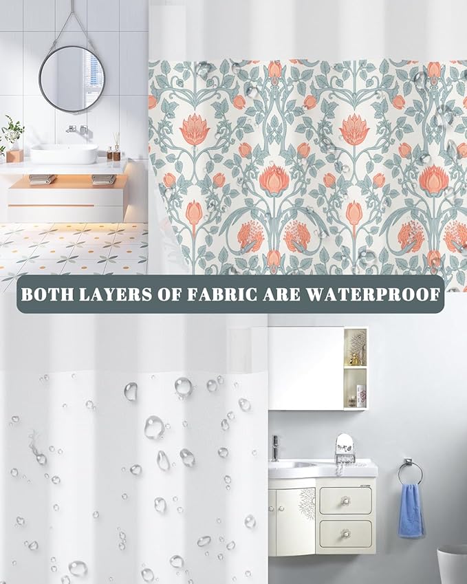 No Hook Shower Curtain with Snap in Liner Set - Vintage Coral Floral & Botanical Pattern Shower Curtains for Cottagecore Farmhouse Bathroom, Mesh Top Waterproof Bath Tub Curtain, 71Wx74H