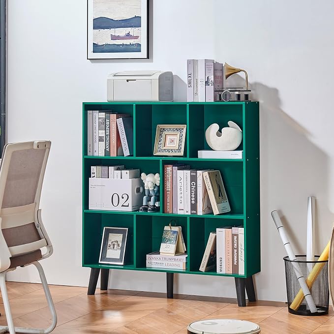 LEYAOYAO 8 Cube Bookshelf,3 Tier Bookcase with Legs,Dark Green Mid-Century Modern Bookshelves,Large Open Storage Organizer Shelf, Wooden Book Case