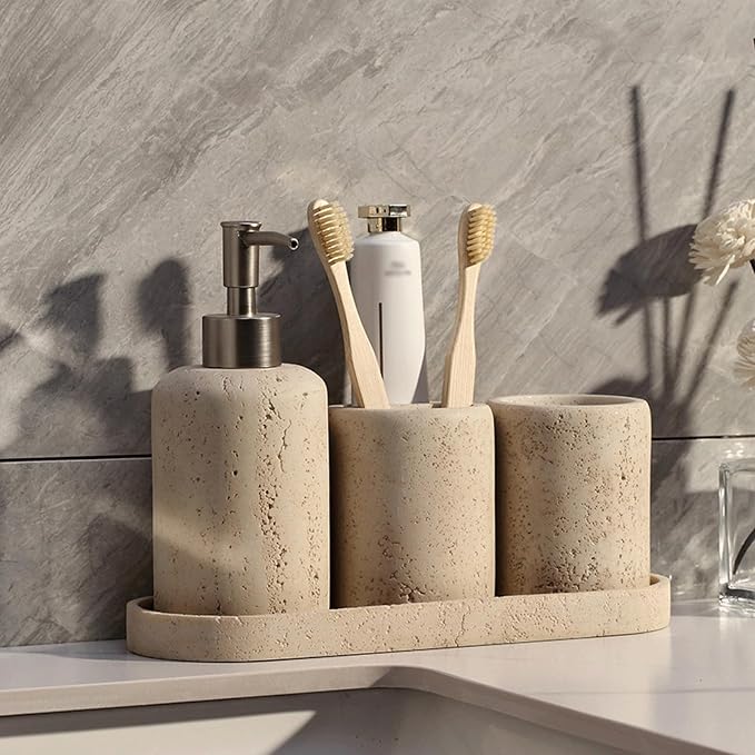Soap Dispensing Refillable Stone Soap Dispenser Beige Travertine Liquid Shampoo Bottles Marble Hand Soap Dispenser for Bathroom Kitchen New Home Essentials