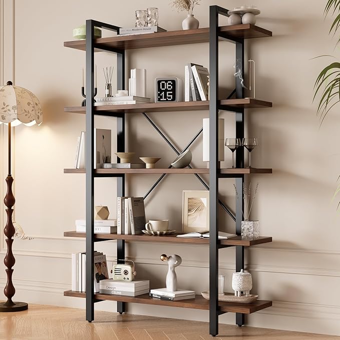 Bookshelf, Industrial Style Bookcase, Book Rack, Storage Rack Shelves in Living Room/Home/Office, Books Holder Organizer for Books/Movies (5-Tiers)