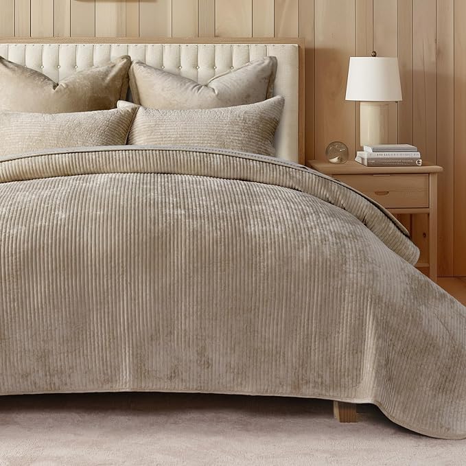 EverGrace Velvet Quilt Set California King 118'' x 106'', Luxurious Soft Bedding Sets, Lightweight Velvet Comforter for All Season, Striped Oversized Bedspread Coverlet w/ 2 Shams, Urban Taupe