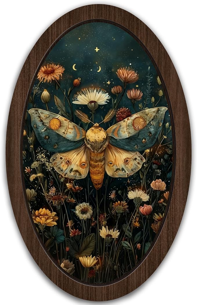 UYIKG Vintage Cottagecore Wall Art Decor,Moth Floral Oval Wall Decor,William Morris Moth Cottagecore Oval Wooden Framed Decorations for Theme Room Home Bedroom Living Room 9x14.6 in