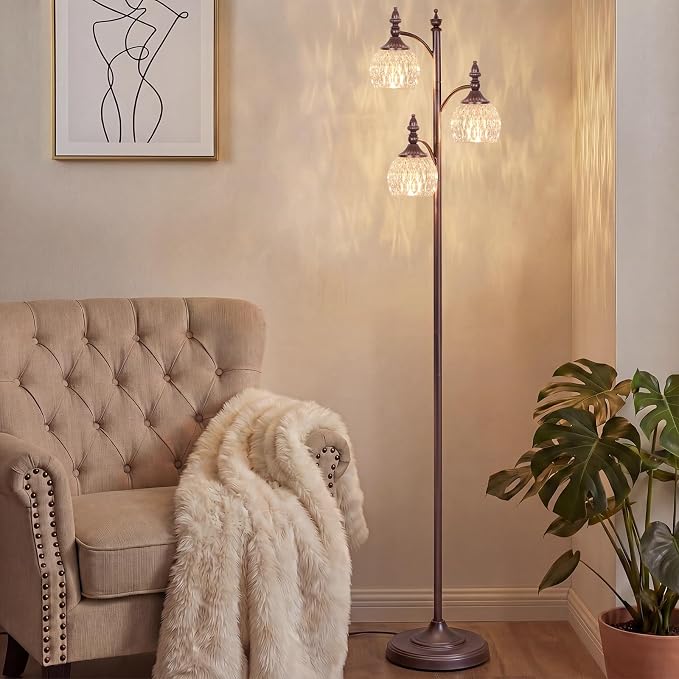 JUNNAI Brown Floor Lamps 66.5in Vintage Standing Lamp with Glass Shade 3 Way Brightness Lights Mid Century Modern Pole Lights Corner Lamp for Living Room Bedroom Office(Bulbs Included)