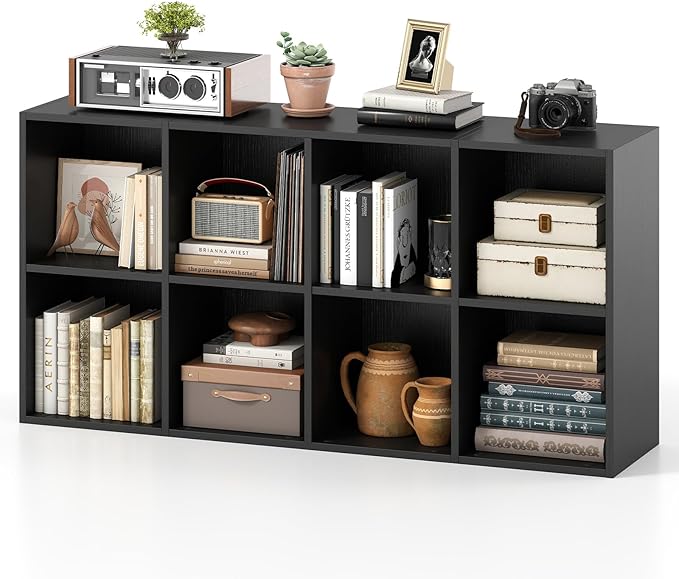 Tangkula 8-Cube Bookcase, Large Floor Standing Horizontal Bookshelf with 8 Open Shelves & 2 Anti-Tipping Kits, Home Office Wooden Storage Book Shelf for Living Room, Study (Black, 8-Cube)