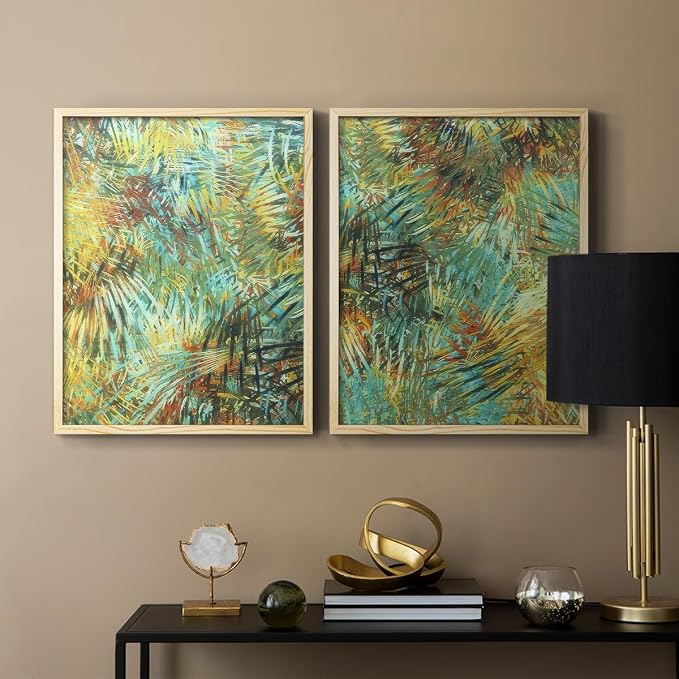 Renditions Gallery Set of 2 Peel & Stick Framed Prints, Nature Abstract Wall Art, Green Leafy Design Wall Decor, Re-Stickable - Ready to Hang - 16"x20" - NATURAL WOOD Frame LT588