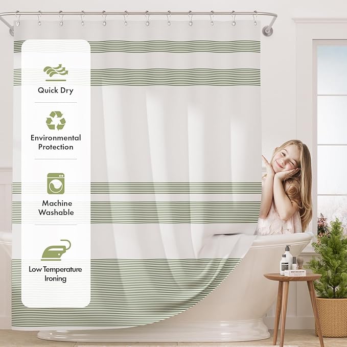 AmazerBath Shower Curtain, Washable Cloth Sage Green with 12 Shower Curtain Hooks, Fabric Green and White Striped Set, Farmhouse Bathroom Shower Curtain, 72x72 Inches
