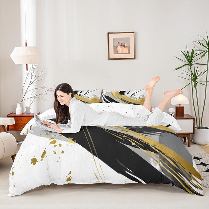 Erosebridal Black and White Golden Duvet Cover King - Geometric Decorative Abstract Bedding Sets Striped Bed Set for Boys Adults Girls Minimalists Graffiti Aesthetic Lines Bed Cover