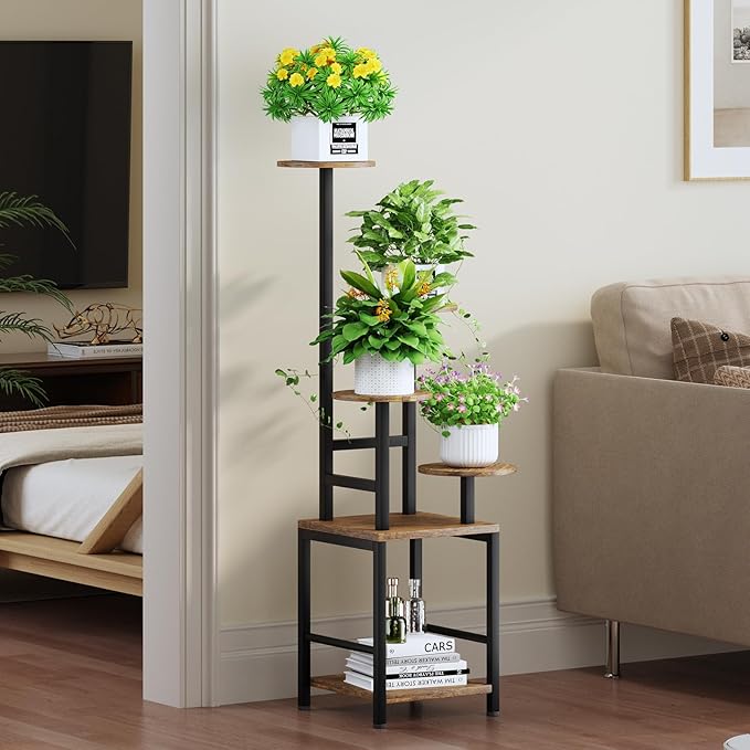 Homsorout Round Plant Stand Indoor with Grow Light, 5-Tiered Tall Plant Stand Indoor, Metal Plant Shelf with Adjustable Light, Ideal for Living Room, Garden, Patio (Black Brown)