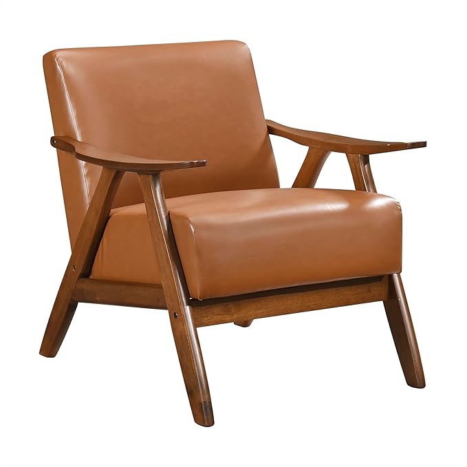 Lexicon Mid Century Modern Accent Chair with Solid Wood Frame in Walnut Finish, Faux Leather Living Room Lounge Arm Chair, Thick and Comfy Innerspring Seat Cushion, Brown