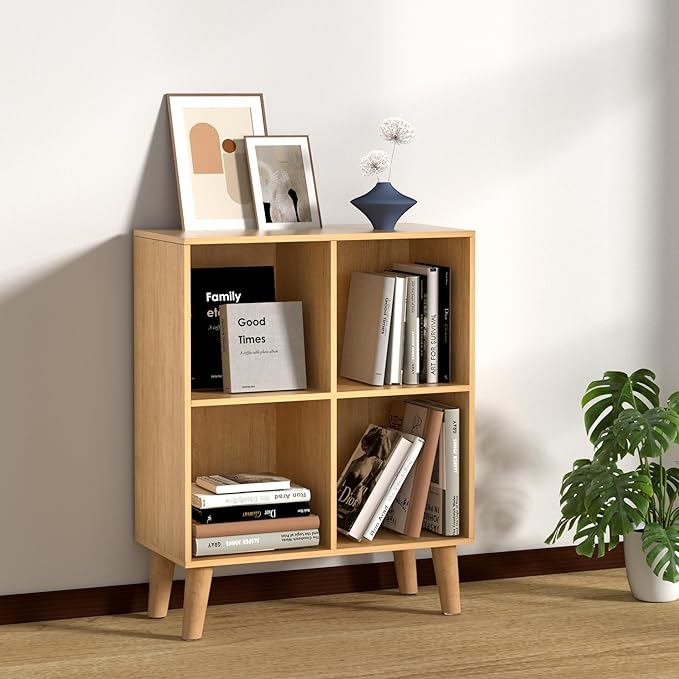 4 Cube Storage Organizer with Legs, 2 Tier Cube Low Bookcase Freestanding Storage Display Organizer for Home Office, Four-Cubes Open Shelf Short Bookshelf (Natural Oak, 4 Cube)