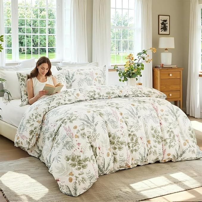 100% Cotton Duvet Cover Queen Size Sage Green Floral Bedding Set Reversible Botanical Comforter Cover 3 Pcs Vintage Cottagecore Aesthetic Soft Bedding Sets for All Season