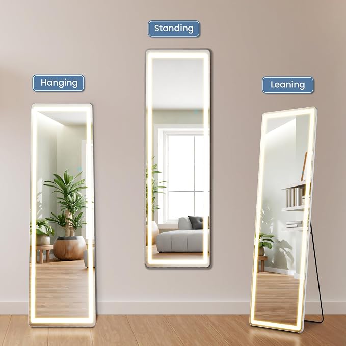 OLIXIS 16"x 60" LED Full Length Mirror with Lights, Standing Lighted Floor Full Body Mirror with 3 Color Lighting, Wall Mounted Mirrors for Bedroom, Bathroom, Entryway with Tempered Glass