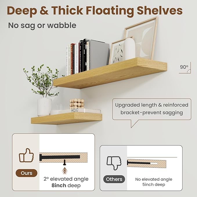 Axeman Square Floating Shelves for Wall, 8" W x 8" D x 1.4" H Rustic Wooden Wall Shelves, 4 Pack Wall Mounted Floating Shelf with Invisible Brackets for Living Room, Bathroom, Kitchen, Oak Color