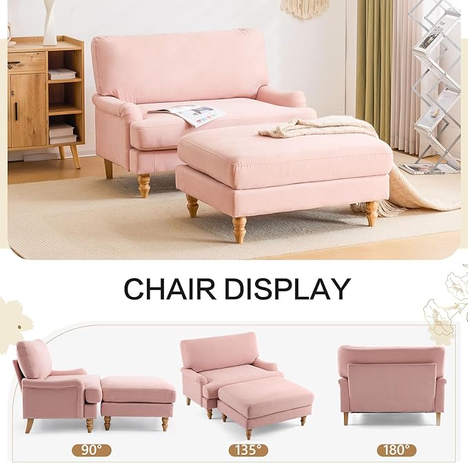 Bezseller Oversized Chair Indoor with Ottoman, 46" W Upholstered Armrest Sofa, Big Comfy Lounge Sofa Deep Seat Sleeper Chair for Living Room, Apartment, Bedroom, Reading Room(Pink)