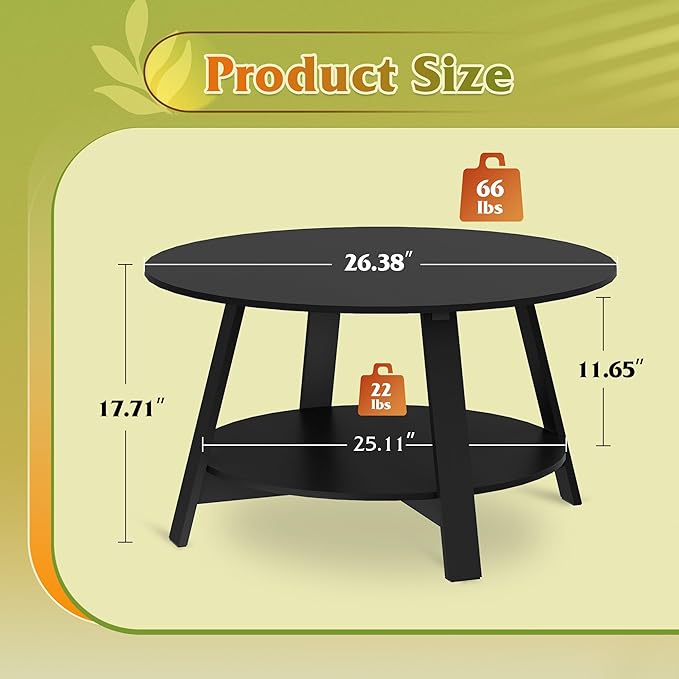 WLIVE Round Coffee Table, 2-Tier Wood Coffee Table with Storage Shelf, Tapered Legs, Circle Wood Small Center Table for Living Room, Apartment, Easy Assembly, Black