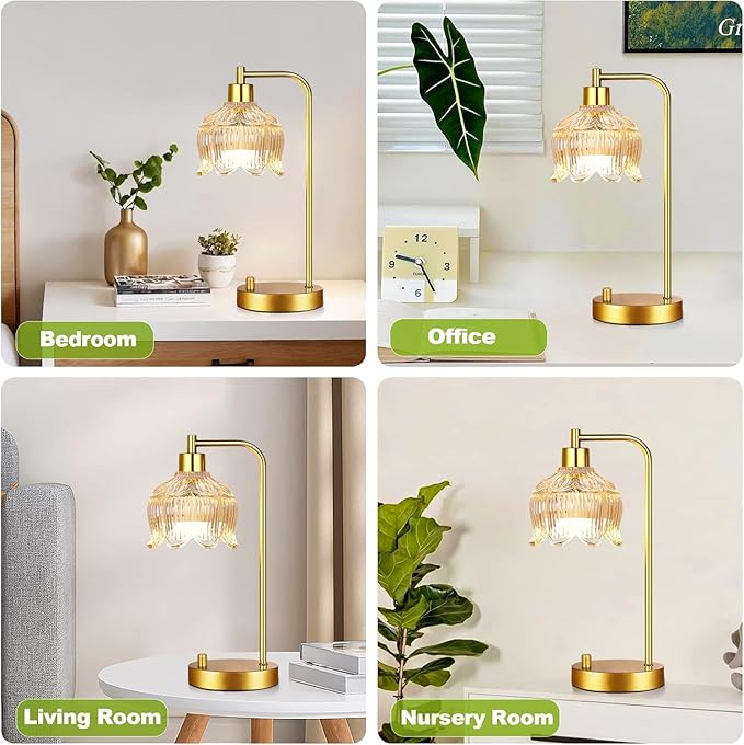 Glass Table Lamp Set of 2,Small Gold Bedside Lamps Dimmable Boho Bedroom Lamp with Tulip Flower Amber Lamp Shade,Vintage Mid Century Modern Mini Nightstand Lamp for Bedroom Living Room