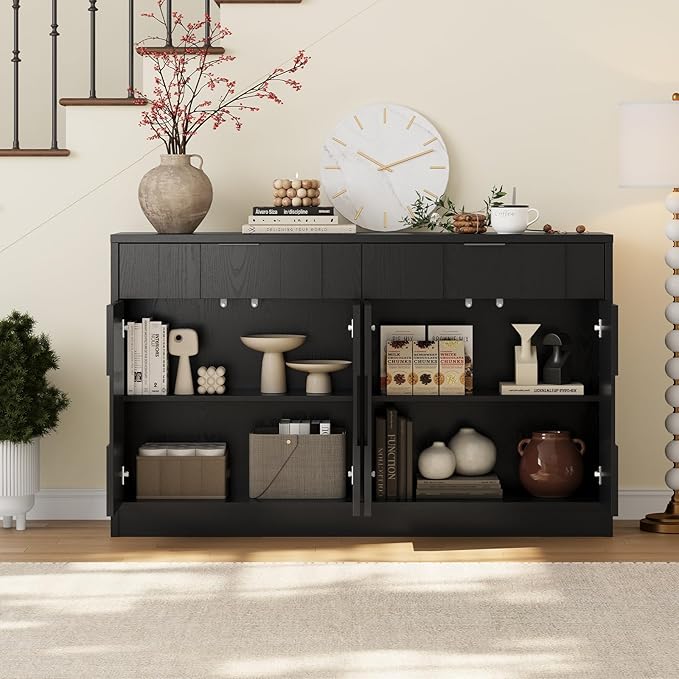 ONBRILL 61" Sideboard Buffet Cabinet with Storage, Large Coffee Bar Cainet with Doors and Drawers, Wood Credenza Console Cabinet Buffet Table for Kitchen Living Room Entryway (Black)