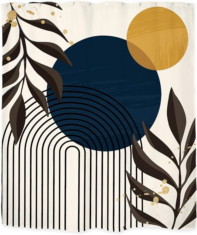 Miyotaa Abstract Minimalist Shower Curtain Set 60Wx71H Inches Aesthetic Modern Contemporary Plant Leaves Neutral Navy Blue Mustard Yellow Polyester Waterproof Bathroom Curtain with 12 Hooks