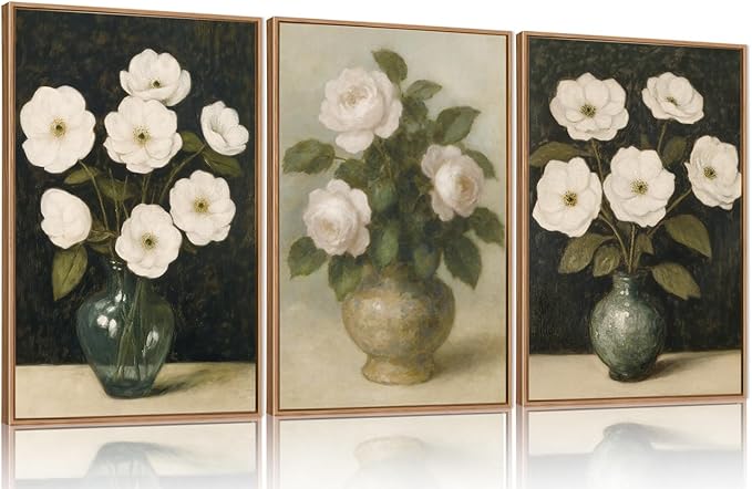 FWIEXA Vintage Floral Canvas Wall Art Set of 3, Framed French Country Pictures Wall Decor, Retro Botanical Painting, 16x24 Inches Rustic Black White Flower Aesthetic Prints Artwork for Living Room, Bedroom, Bathroom, Farmhouse