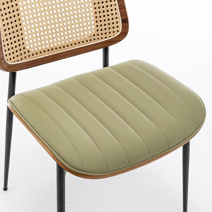 LUNLING Dining Room Chairs Set of 4 Mid Century Modern Retro Green Faux Leather Kitchen Chair with Walnut Bentwood Upholstered Seat Metal Legs Chair for Kitchen Dining Room Chairs(LightGreen)