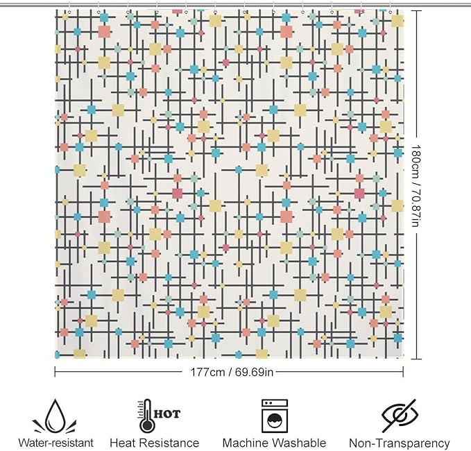 Mid Century Shower Curtain,Retro Atomic Geometric Abstract Iconic Pattern Bathroom Curtain Polyester Waterproof Fabric Decor 72x72in（183x183cm）