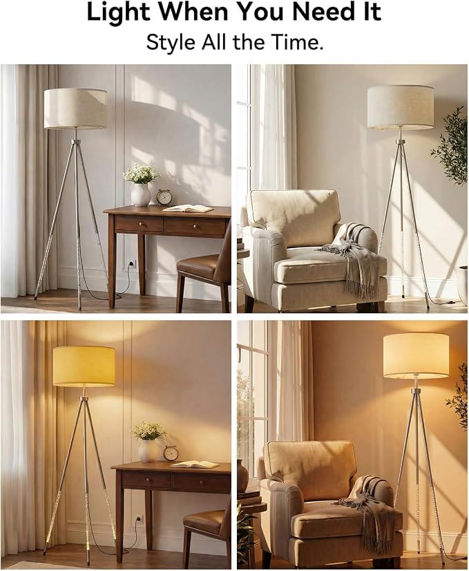JOOFO Modern Metal Tripod Floor Lamp with Remote Control Tall Standing Decorative Corner Lamp with Oversized Linen Fabric Shade, Foot Switch for Living Room Bedroom Reading Nook Decor, Satin Nickel