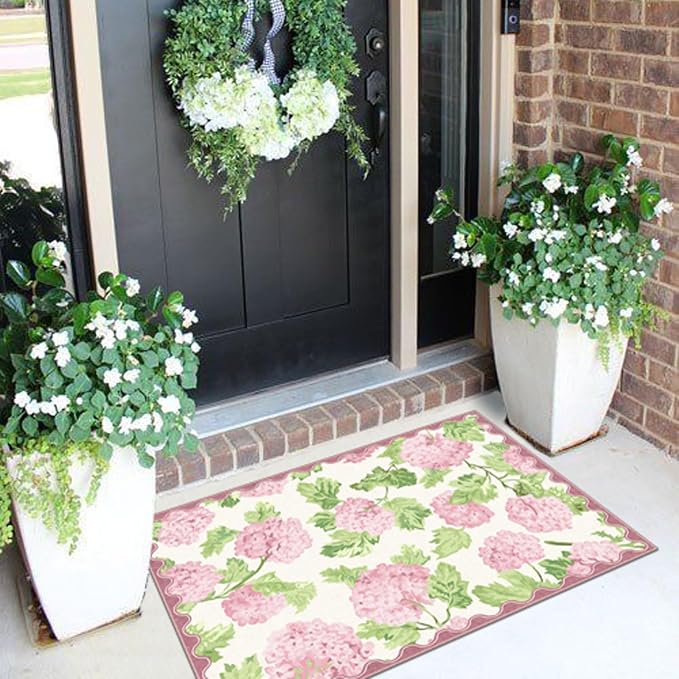 Front Door Mat Outside Entrance - 2x3 Boho Pink White Non-Slip Washable Doormat Indoor Outdoor Entrance Floral Rug Small Throw Rugs for Entryway Bedroom Kitchen Front Laundry Room Porch Decor