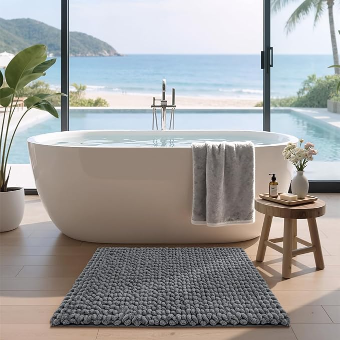 LUMI Luxury Bathroom Rug, Ultra Soft Quick Dry Bath Mat, Non-Slip Absorbent Thick Chenille Bath Rug, Cozy Braid Design Floor Mat for Bathtub, Sink, Laundry, Bedroom, Grey, 17"x30"