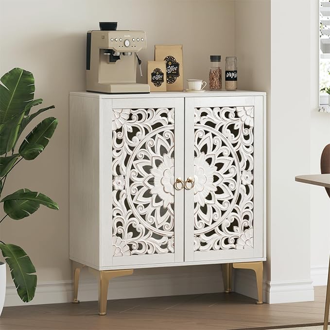 31.5" Accent Cabinet with Mandala Carved Doors, White Boho Sideboard for Storage, Coffee Bar Cabinet & Entryway Table with Gold Legs, Decorative Buffet Cabinet for Dining Room, Living Room