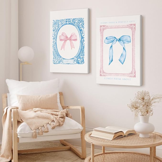 Preppy Bow Wall Art Decor Set of 2 Coquette Canvas Wall Decor Aesthetic Pictures Trendy Girly Wall Art Pink Blue Bow Prints Christian Bible Verse Poster for Bedroom Living Room 12x16 Inch Framed