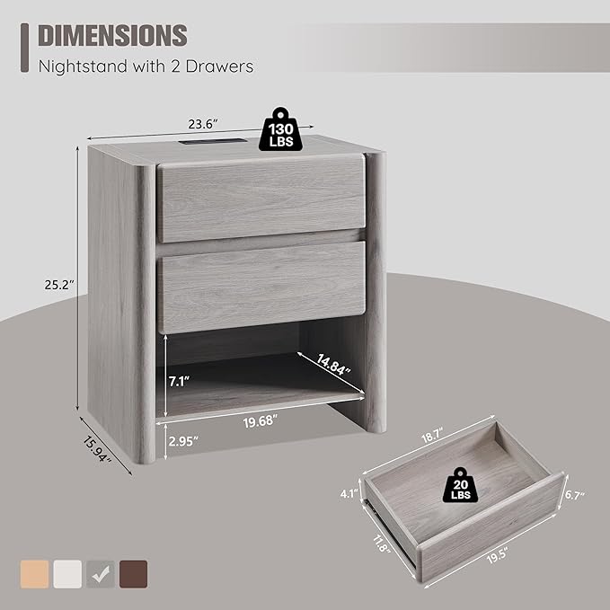 25" Tall Modern Nightstand with Charging Station, 23.6" W Nightstand with 2 Storage Drawers & Open Shelf, Wood Night Stand w/Rounded Corner Design for Bedroom, Living Room (Light Grey)