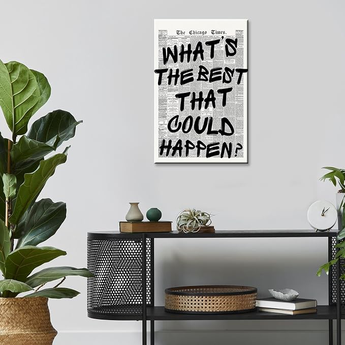 Retro Black And White Newspaper Poster Whats The Best That Could Happen Canvas Wall Art Positive Affirming Quote Minimalist Prints Painting For Home Bedroom Dorm Wall Decor 16x24in Framed