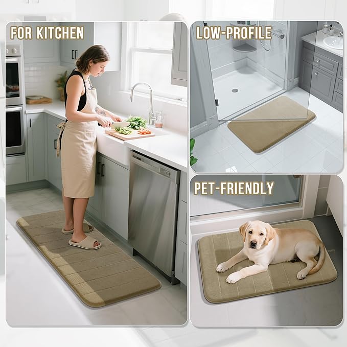 Yimobra Long Bath Mat 44"x24", Super Soft Quick Dry Memory Foam Bathroom Rug, Water Absorbent, Non Slip Backing Machine Washable for Tub Shower, Thick Comfort Support, Pale Khaki