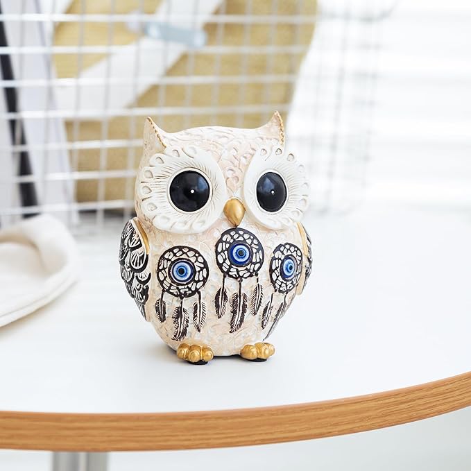 Owl Statue Home Decor Accents with Evil Eye.White Decor for Bookshelf, Bedroom, Living Room, Office, Table and Shelf. Vintage Owl Figurines Gifts for Birds Lover.Cute Small Animal Sculptures.