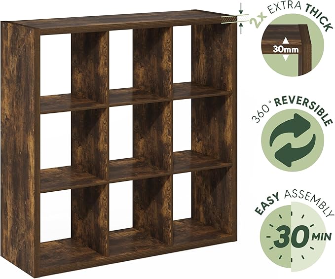 Furinno Cubicle Book Shelf, 9-Cube Bookshelf, Extra Thick Frame Reversible Bookcase with Open Back, 14.6" x 44" x 44", for Living Room, Bedroom, Home Office, Amber Pine